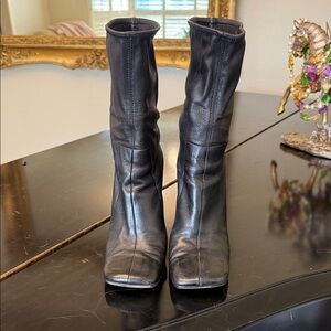 Prada Black Leather Mid-Calf Square-Toe Heeled Boots